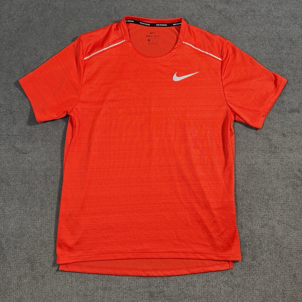 Nike Dri Fit T Shirt Men's Medium Orange Mesh Logo Crew Neck Athletic Running